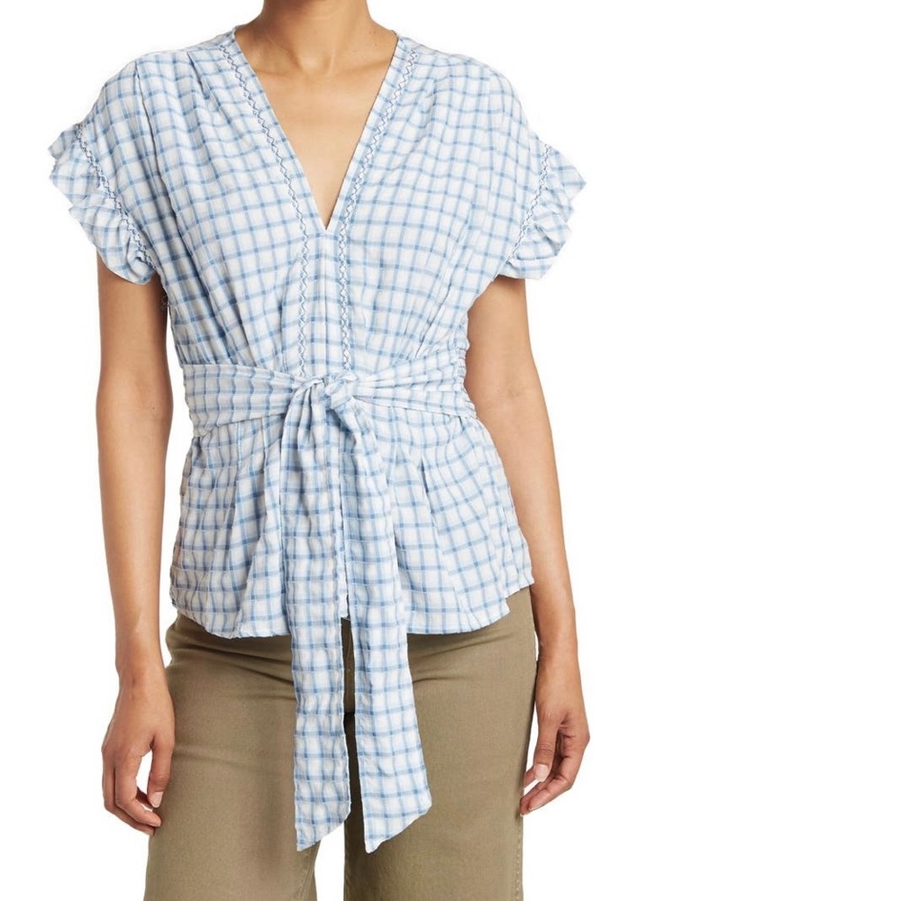 New Max Studio Ruffle Tie Front Blue Plaid Blouse Women’s Size XS